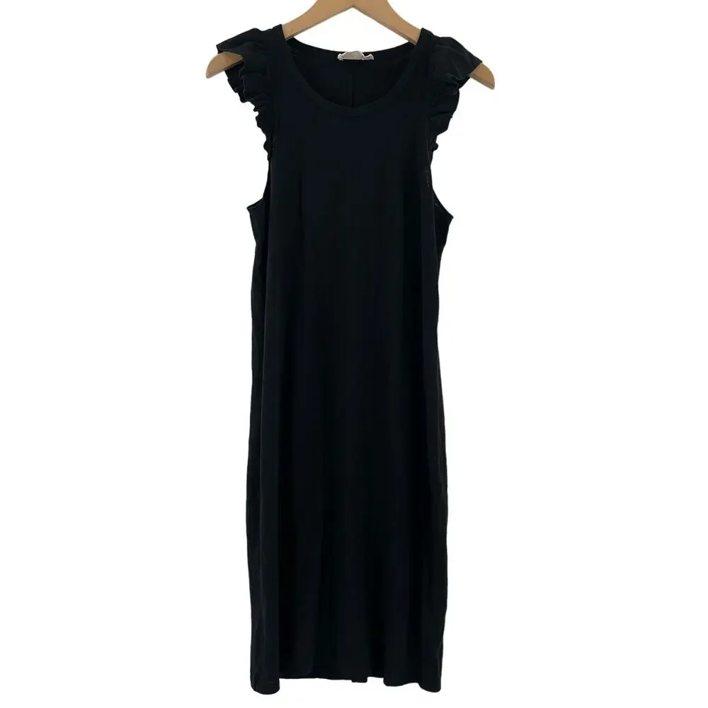 NATION LTD Dress Size Medium Elliot Ruffle Sleeve Black Pima Cotton Linen Blend - Picture 2 of 15